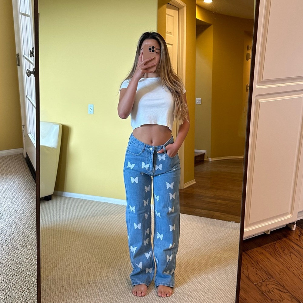 Butterfly Patterned Blue High waisted boyfriend jeans